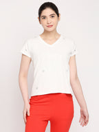 Autumn Hues Women White V-Neck Cotton T-shirt