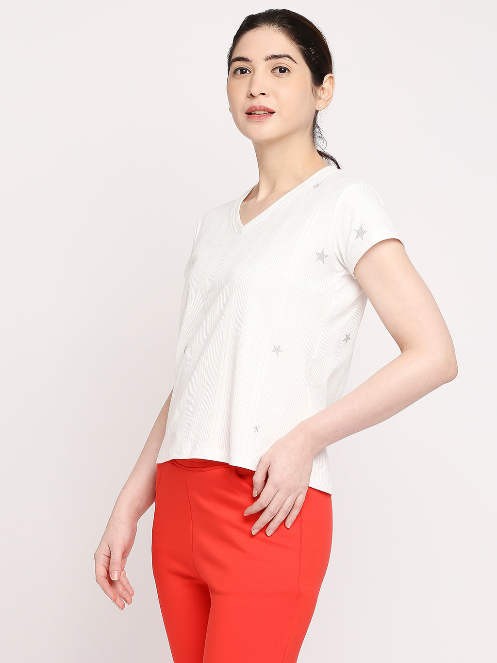 Autumn Hues Women White V-Neck Cotton T-shirt