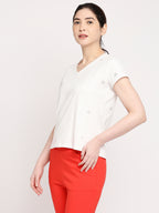 Autumn Hues Women White V-Neck Cotton T-shirt