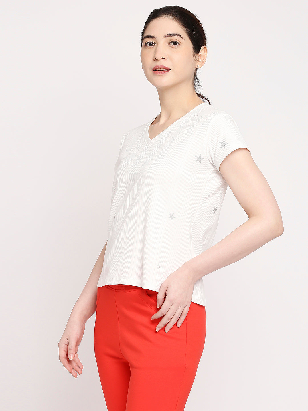 Autumn Hues Women White V-Neck Cotton T-shirt