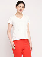 Autumn Hues Women White V-Neck Cotton T-shirt