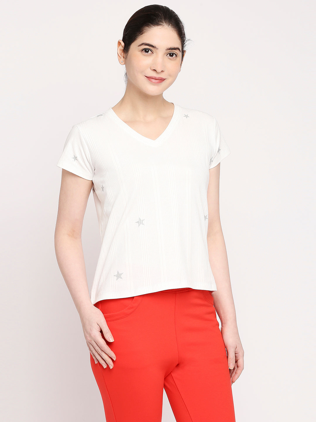 Autumn Hues Women White V-Neck Cotton T-shirt