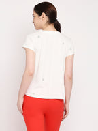 Autumn Hues Women White V-Neck Cotton T-shirt