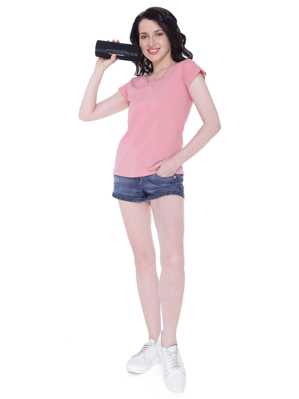 Autumn Hues Women Pink V-Neck Cotton T-shirt