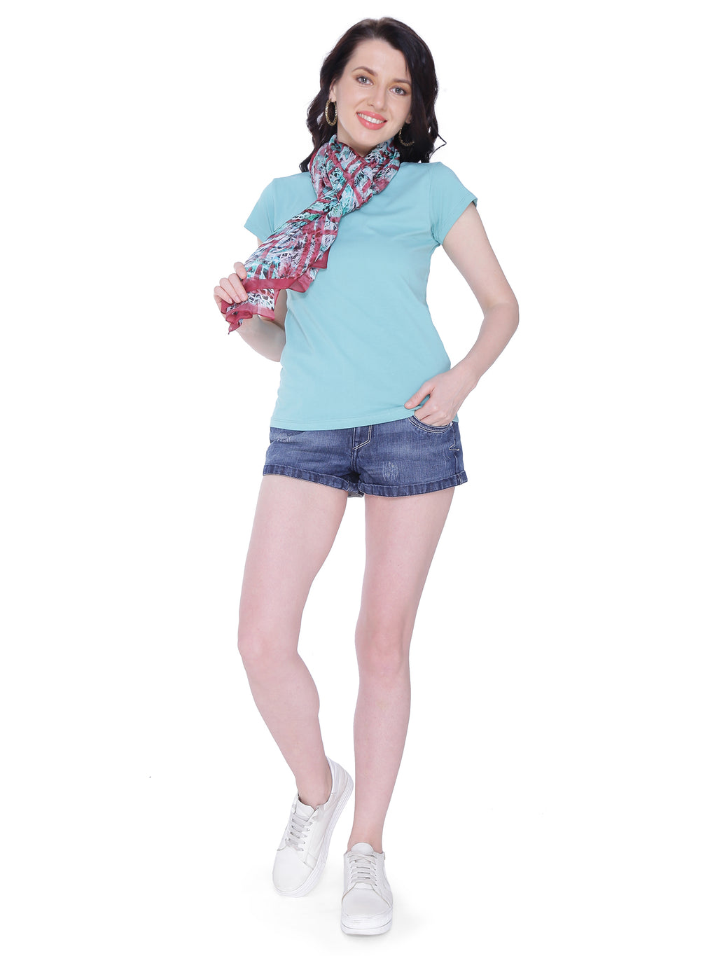 Autumn Hues Women Teal V-Neck Cotton T-shirt