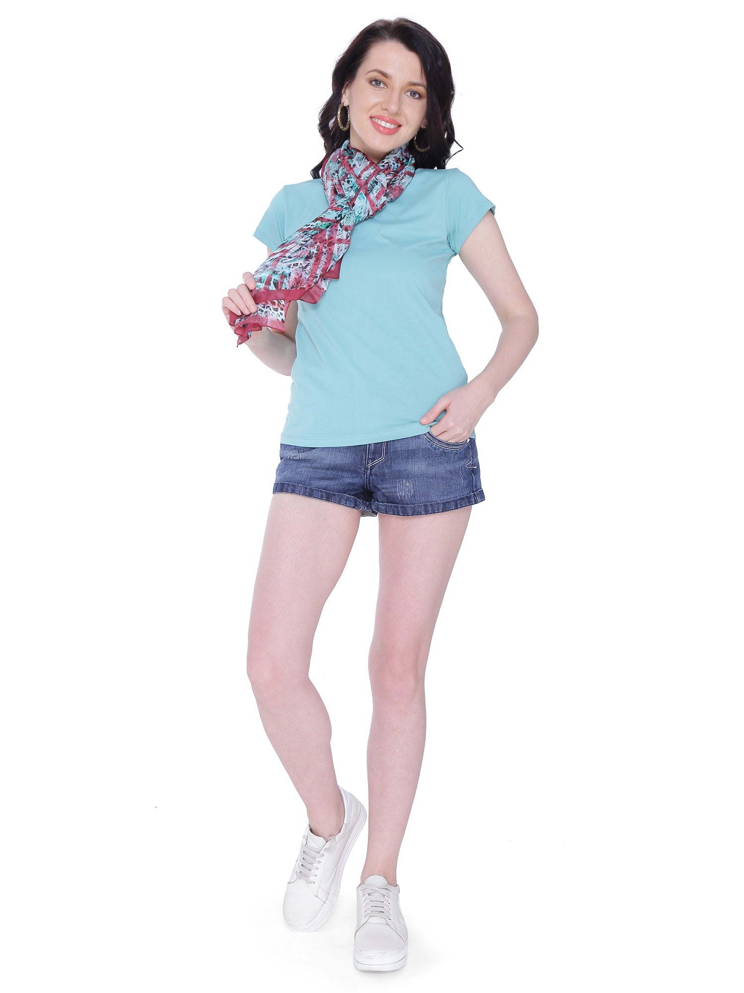 Autumn Hues Women Teal V-Neck Cotton T-shirt