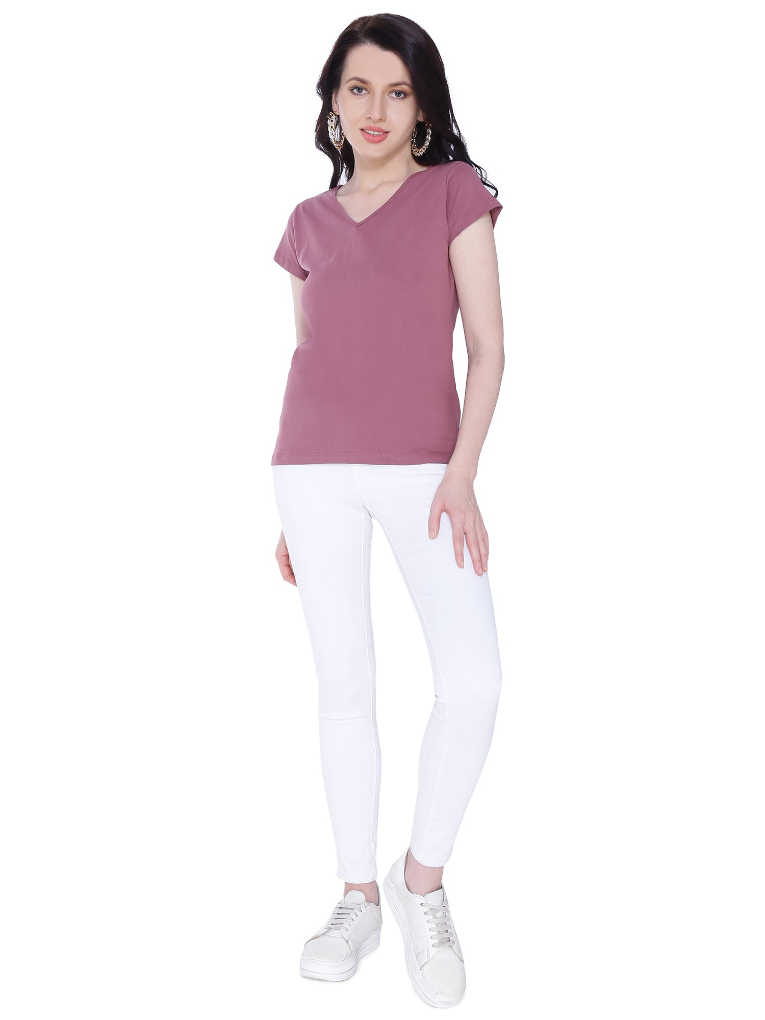 Autumn Hues Women Mauve V-Neck Cotton T-shirt