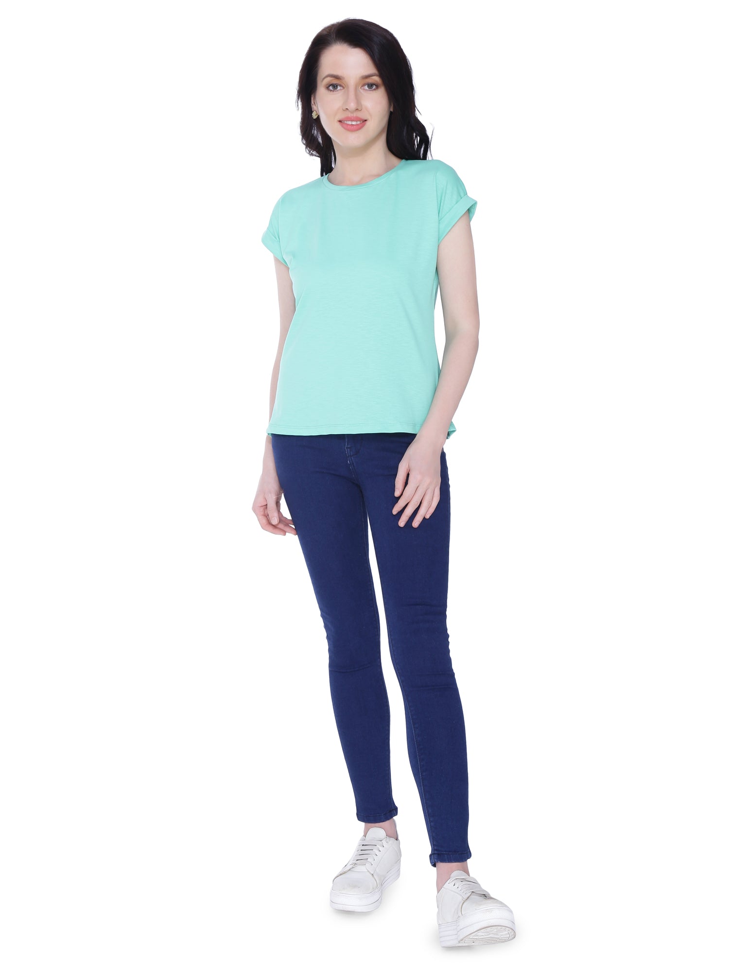 Autumn Hues Women Sea Green Extended Sleeves Cotton T-shirt