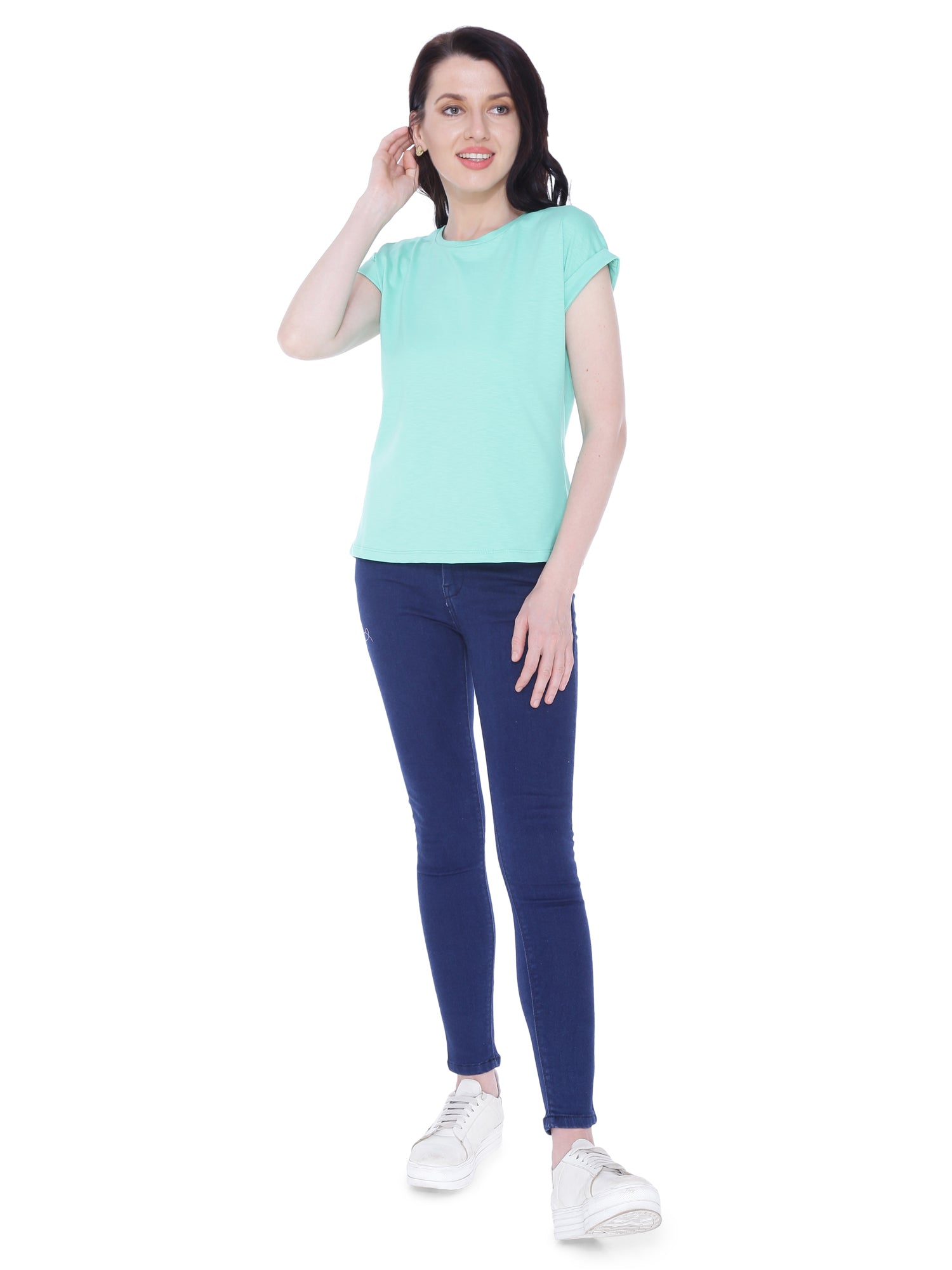 Autumn Hues Women Sea Green Extended Sleeves Cotton T-shirt
