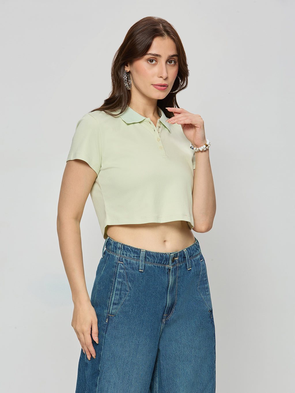 Cotton ribbed polo crop top