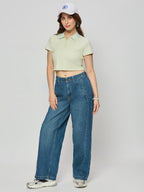 Cotton ribbed polo crop top