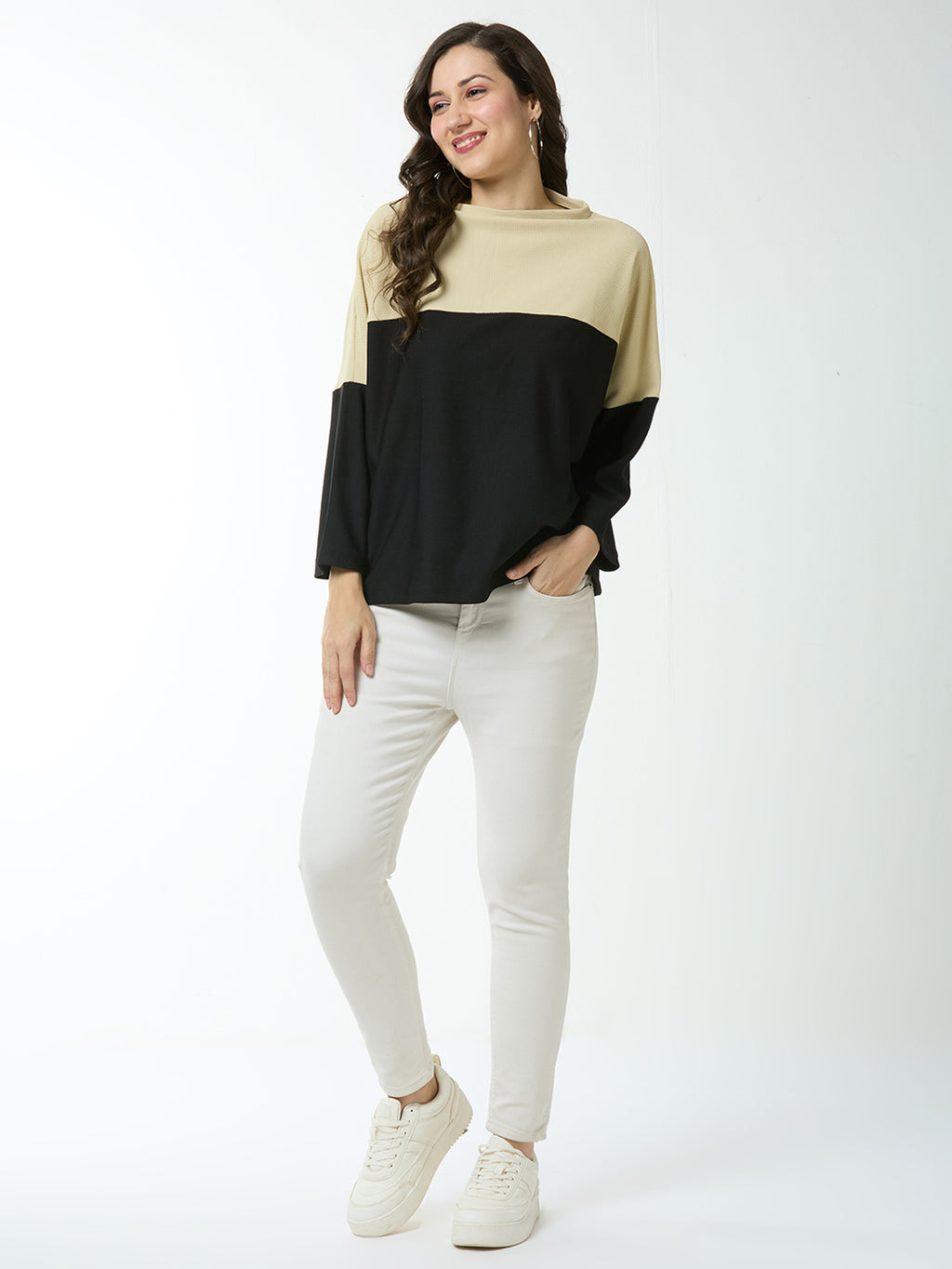 Autumn Hues Women Cut & Su Beige and Black Full Sleeve Top