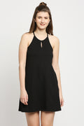 Autumn Hues Black Keyhole Neck A-Line Mini Dress