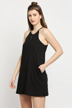 Autumn Hues Black Keyhole Neck A-Line Mini Dress