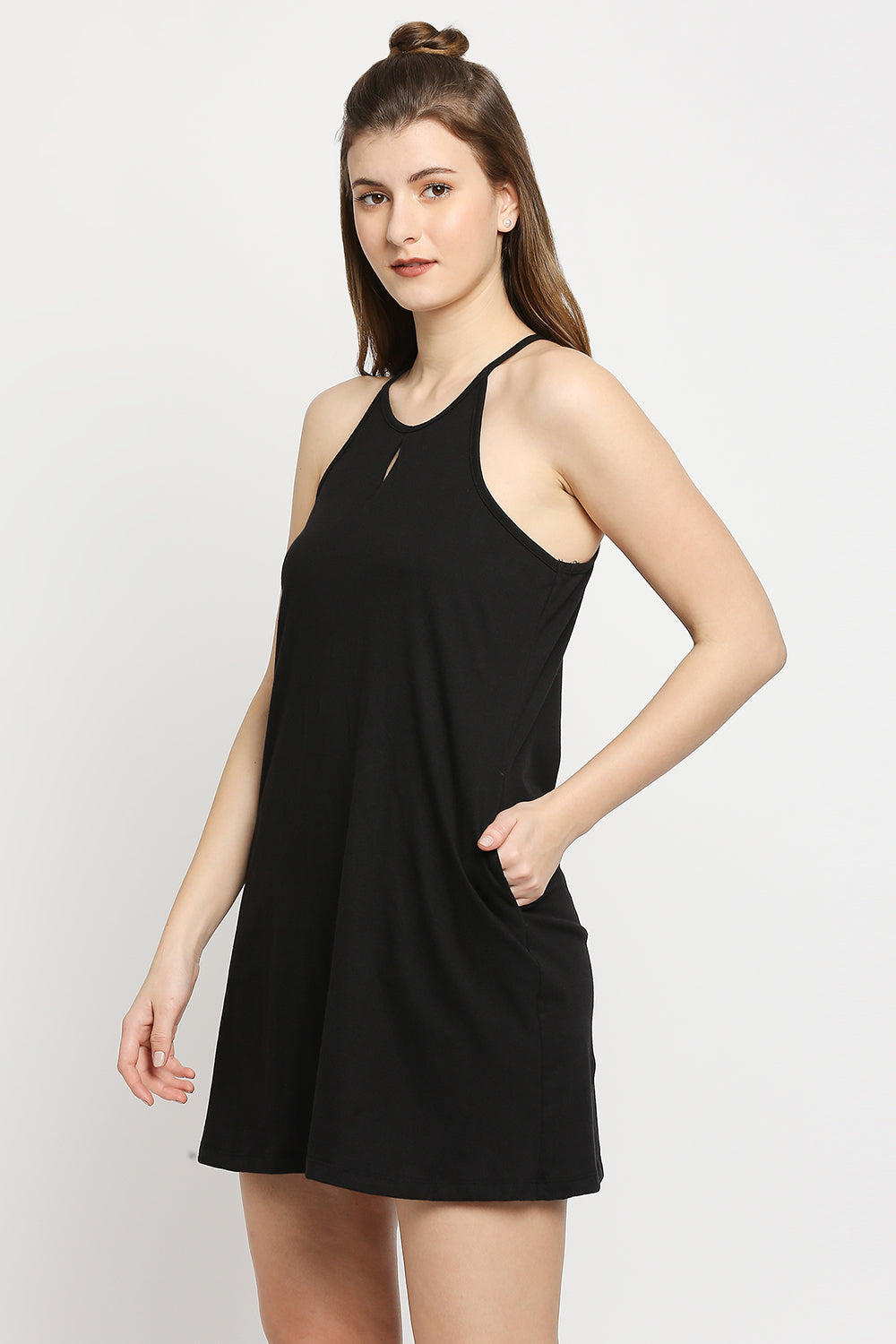 Autumn Hues Black Keyhole Neck A-Line Mini Dress