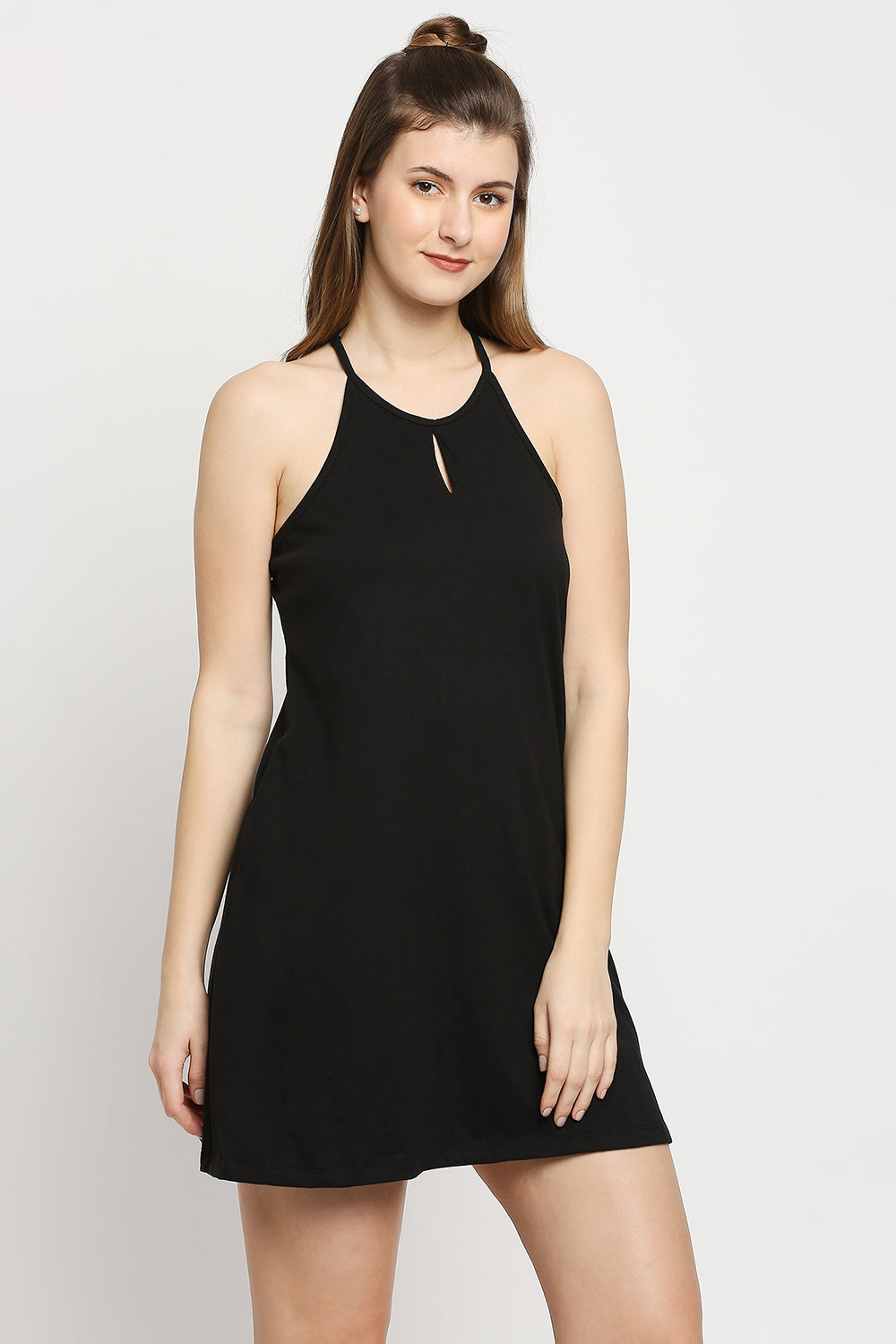 Autumn Hues Black Keyhole Neck A-Line Mini Dress