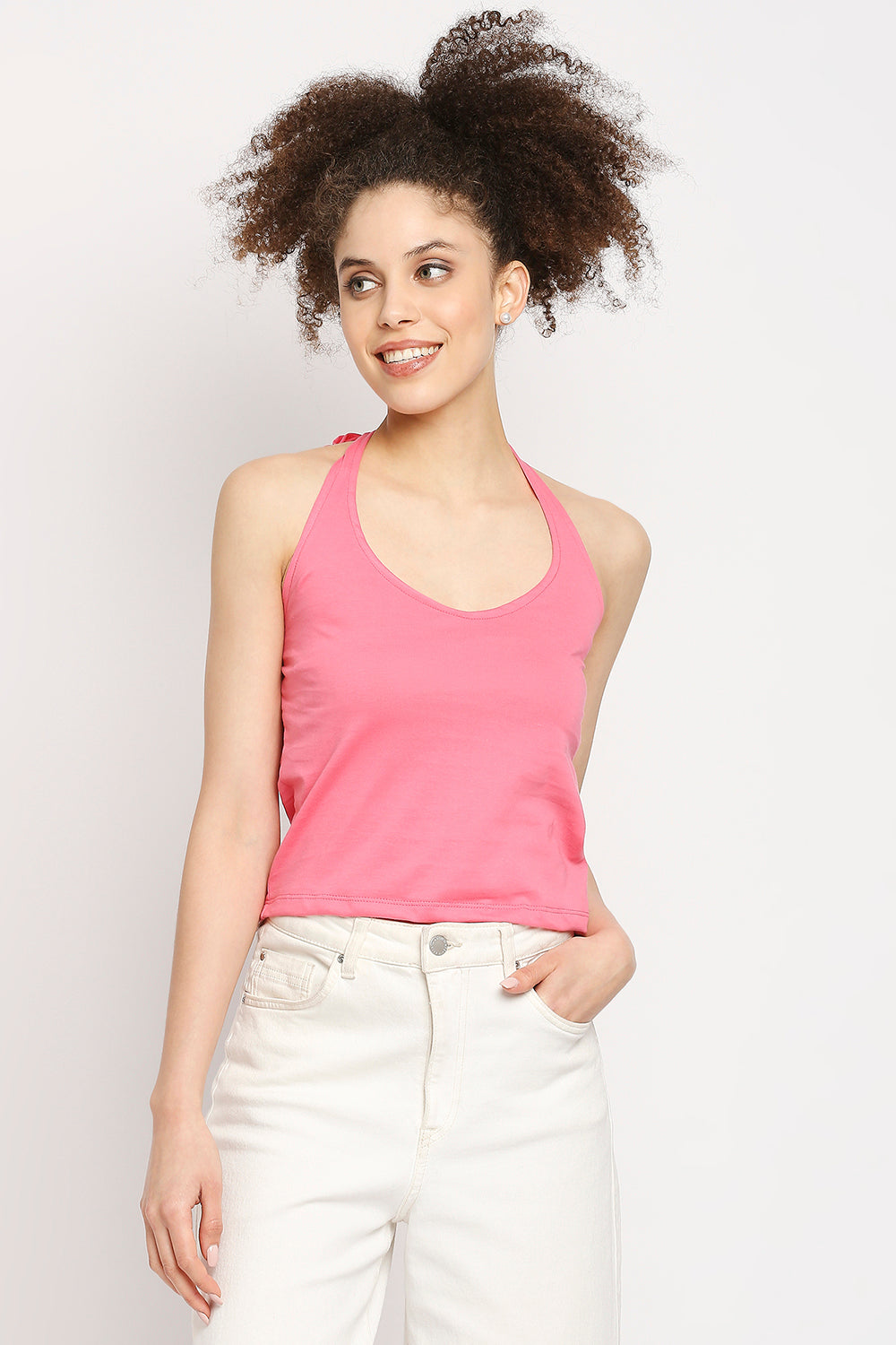 Autumn Hues Women Pink Solid Pure Cotton Tank Top with Back Tie up