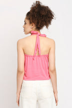 Autumn Hues Women Pink Solid Pure Cotton Tank Top with Back Tie up