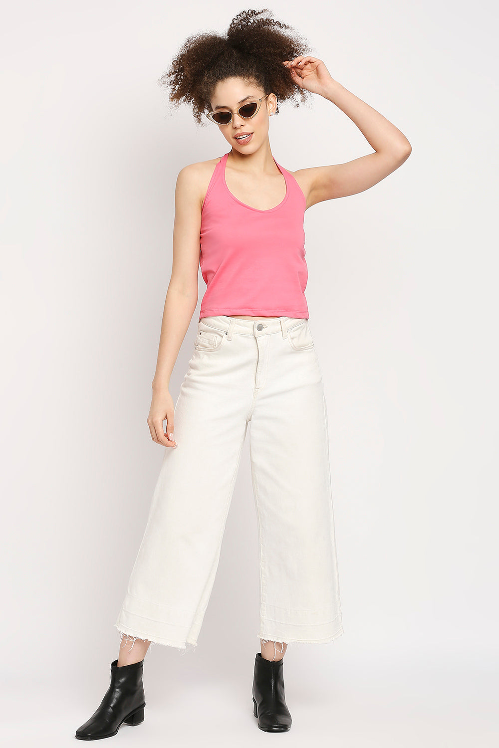 Autumn Hues Women Pink Solid Pure Cotton Tank Top with Back Tie up