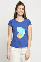 Autumn Hues Women Blue Printed Extended Sleeves Cotton T-shirt