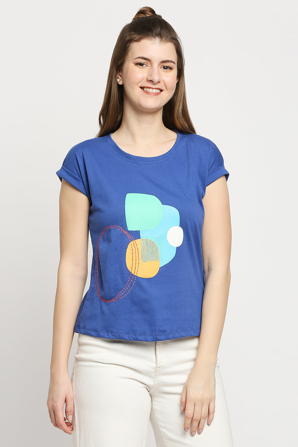 Autumn Hues Women Blue Printed Extended Sleeves Cotton T-shirt