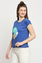 Autumn Hues Women Blue Printed Extended Sleeves Cotton T-shirt