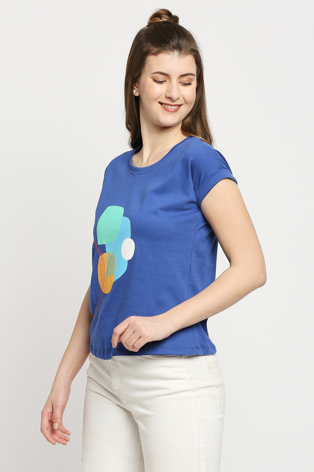 Autumn Hues Women Blue Printed Extended Sleeves Cotton T-shirt