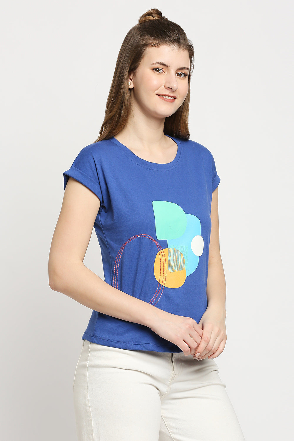 Autumn Hues Women Blue Printed Extended Sleeves Cotton T-shirt
