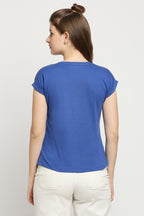 Autumn Hues Women Blue Printed Extended Sleeves Cotton T-shirt
