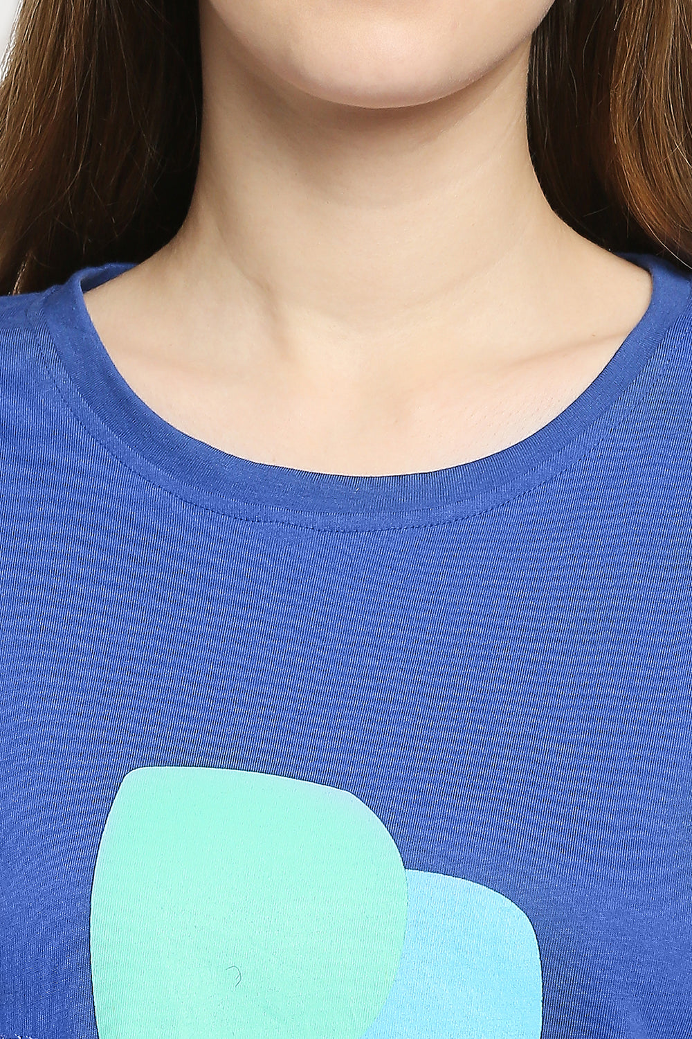 Autumn Hues Women Blue Printed Extended Sleeves Cotton T-shirt