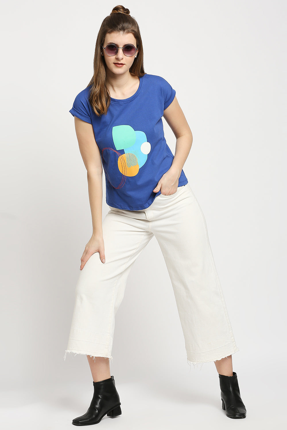 Autumn Hues Women Blue Printed Extended Sleeves Cotton T-shirt