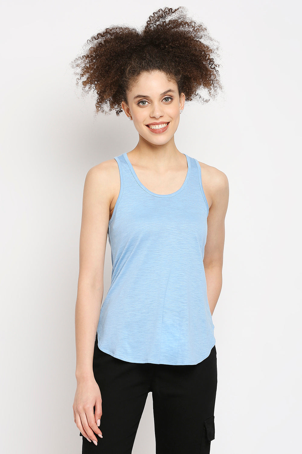 Autumn Hues Blue Pure Cotton Solid Racerback Tank Top