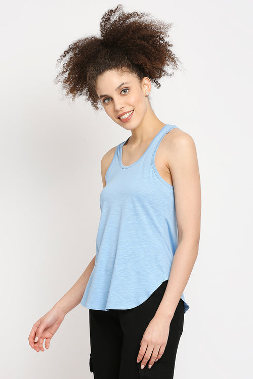 Autumn Hues Blue Pure Cotton Solid Racerback Tank Top