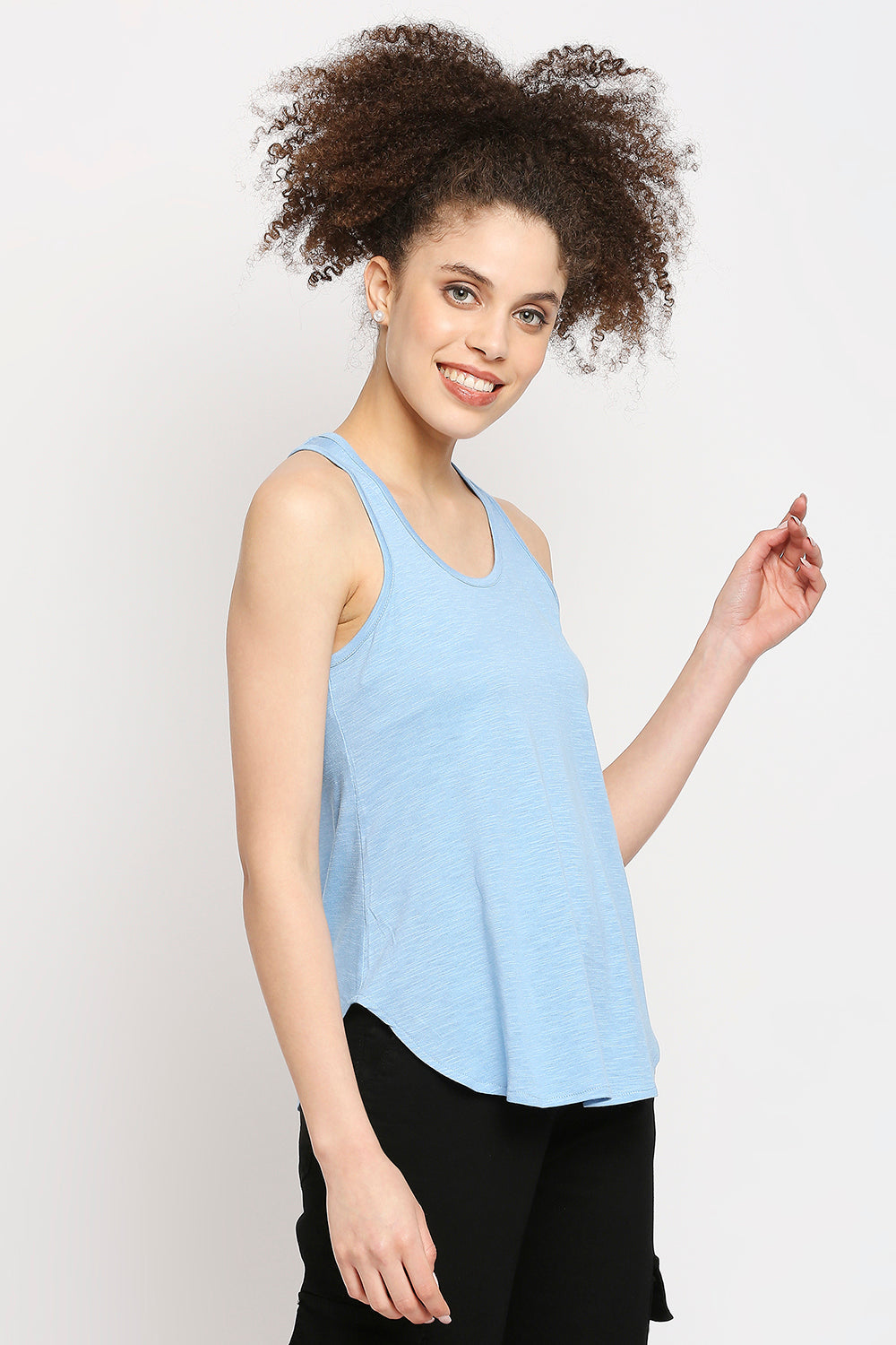 Autumn Hues Blue Pure Cotton Solid Racerback Tank Top
