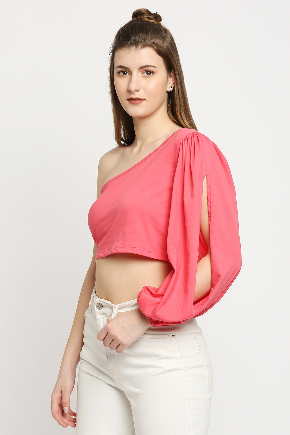 Autumn Hues Pink One Shoulder Crop Cotton Top