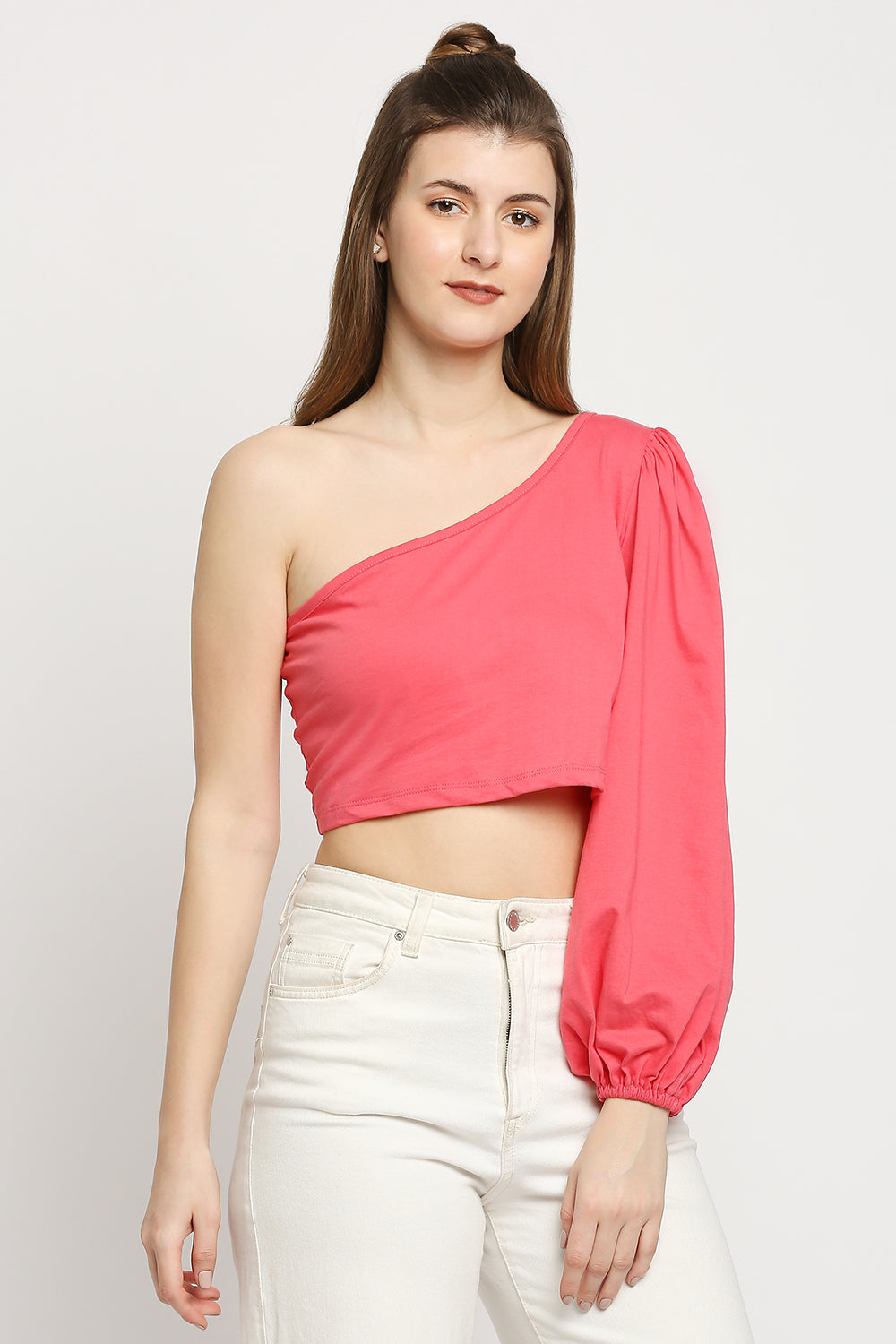Autumn Hues Pink One Shoulder Crop Cotton Top