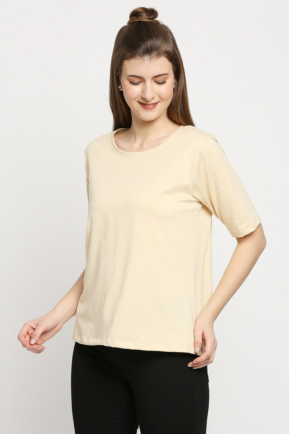 Autumn Hues Women Cream-Coloured Cotton Oversized Tshirt