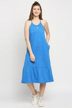 Autumn Hues Blue Keyhole Neck A-Line Midi Dress