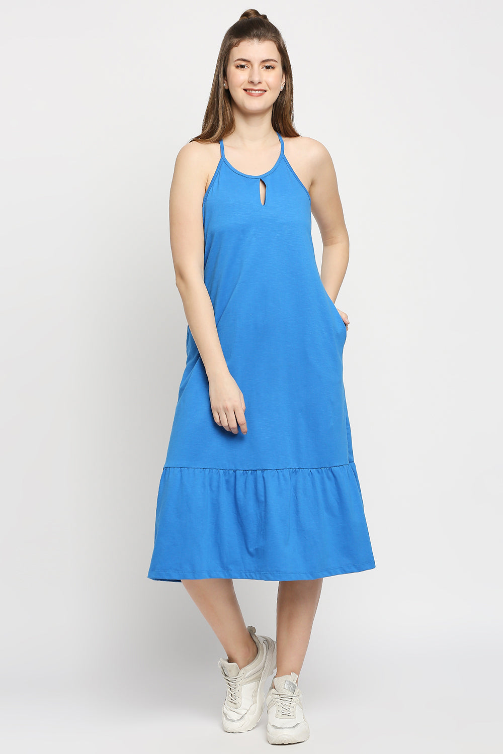 Autumn Hues Blue Keyhole Neck A-Line Midi Dress