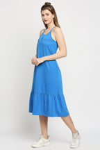 Autumn Hues Blue Keyhole Neck A-Line Midi Dress