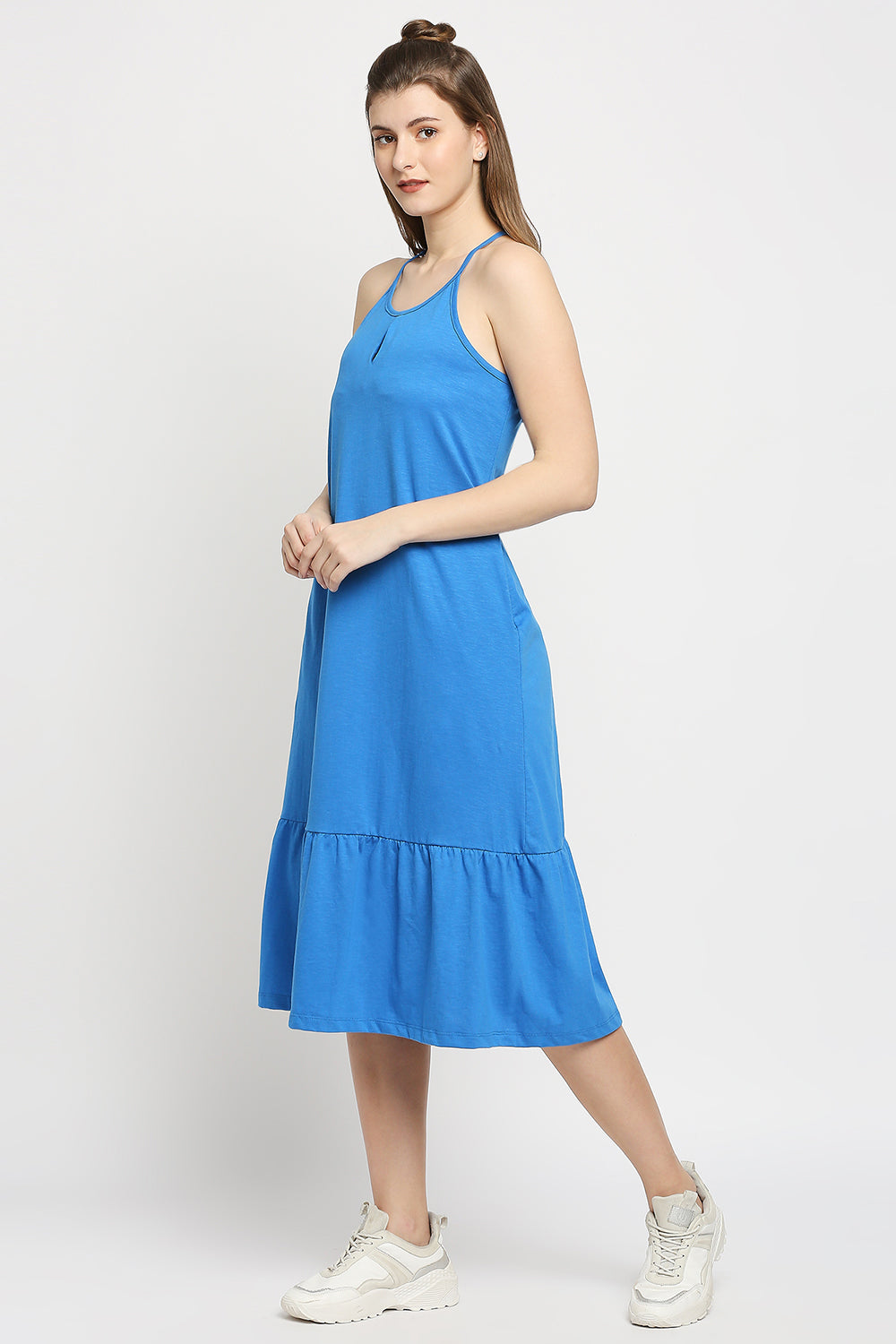 Autumn Hues Blue Keyhole Neck A-Line Midi Dress