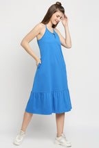 Autumn Hues Blue Keyhole Neck A-Line Midi Dress