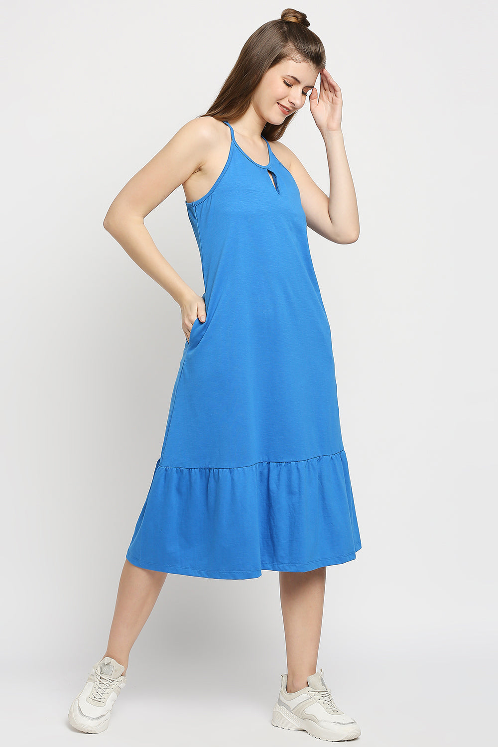 Autumn Hues Blue Keyhole Neck A-Line Midi Dress