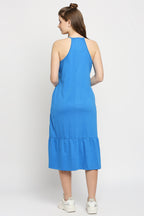 Autumn Hues Blue Keyhole Neck A-Line Midi Dress