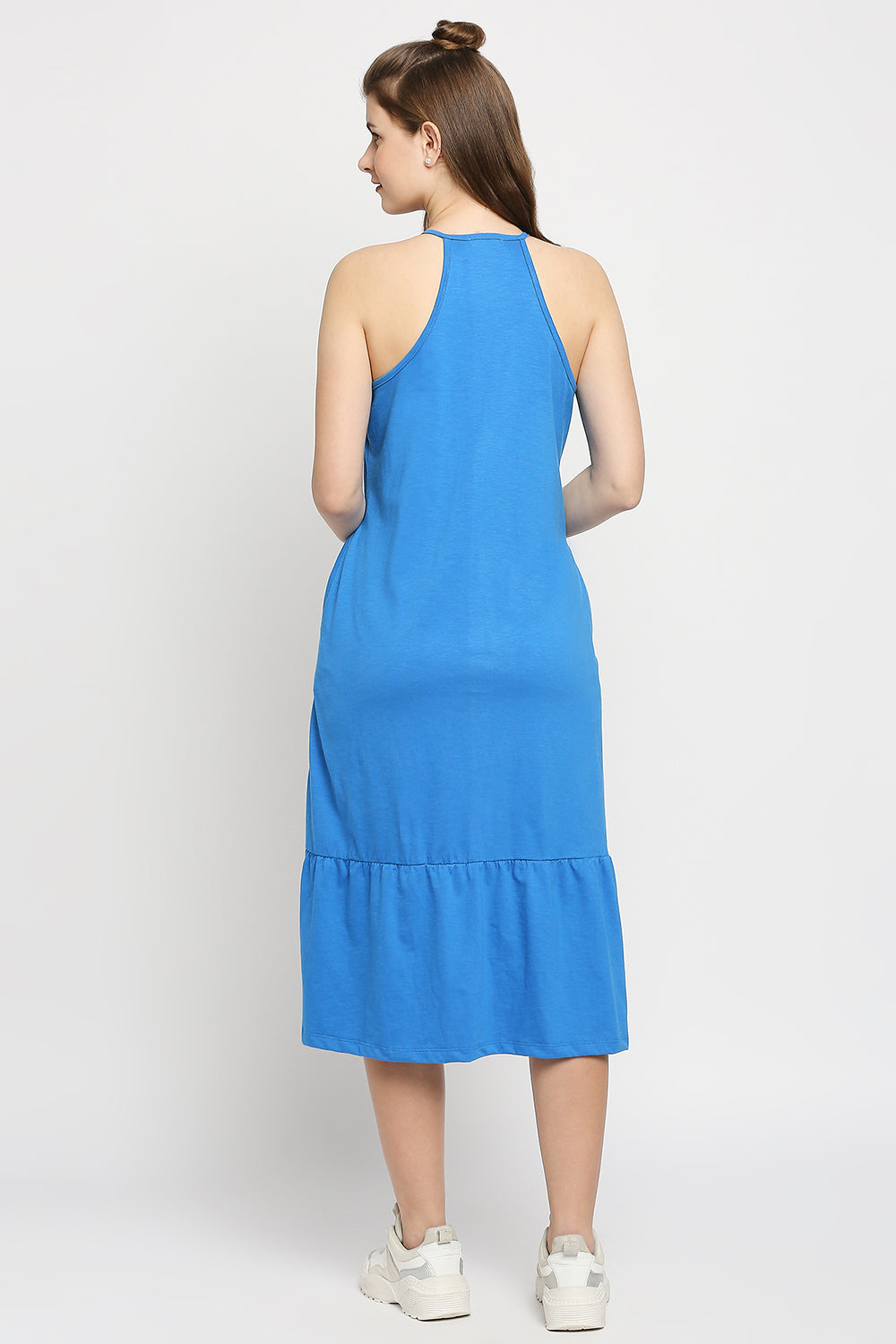 Autumn Hues Blue Keyhole Neck A-Line Midi Dress