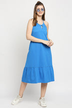 Autumn Hues Blue Keyhole Neck A-Line Midi Dress