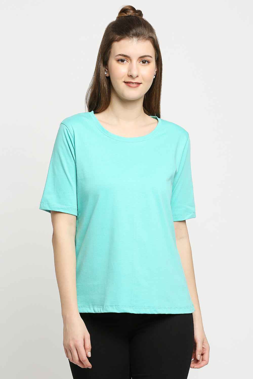 Autumn Hues Women Sea Green Solid Cotton T-shirt