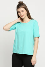 Autumn Hues Women Sea Green Solid Cotton T-shirt