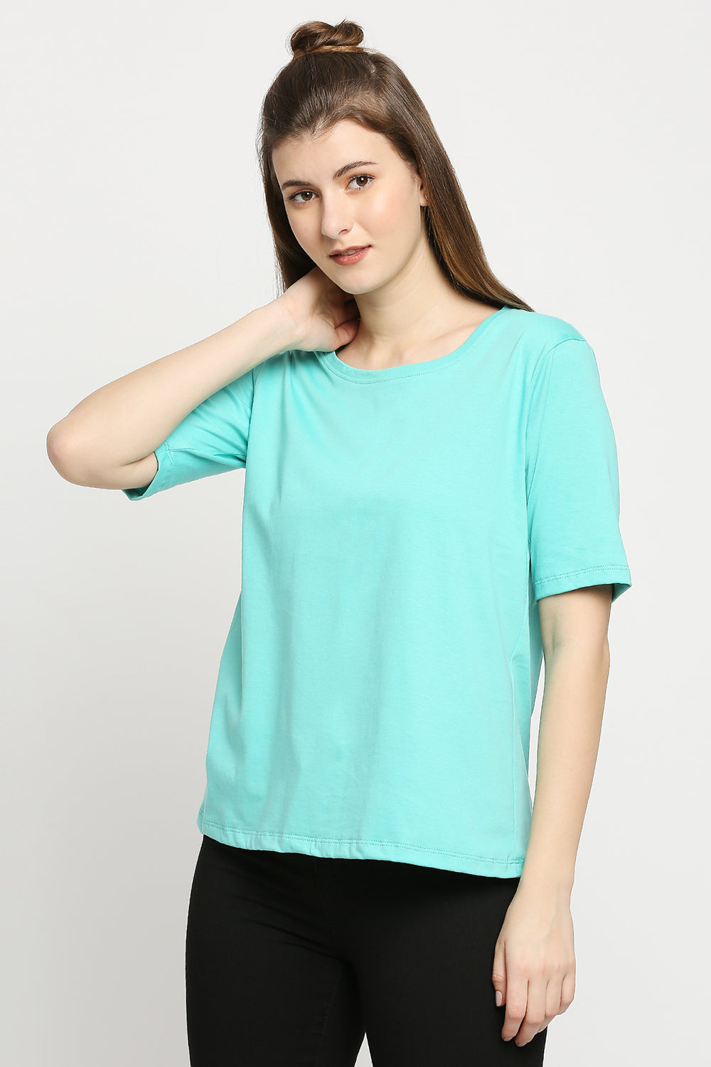 Autumn Hues Women Sea Green Solid Cotton T-shirt