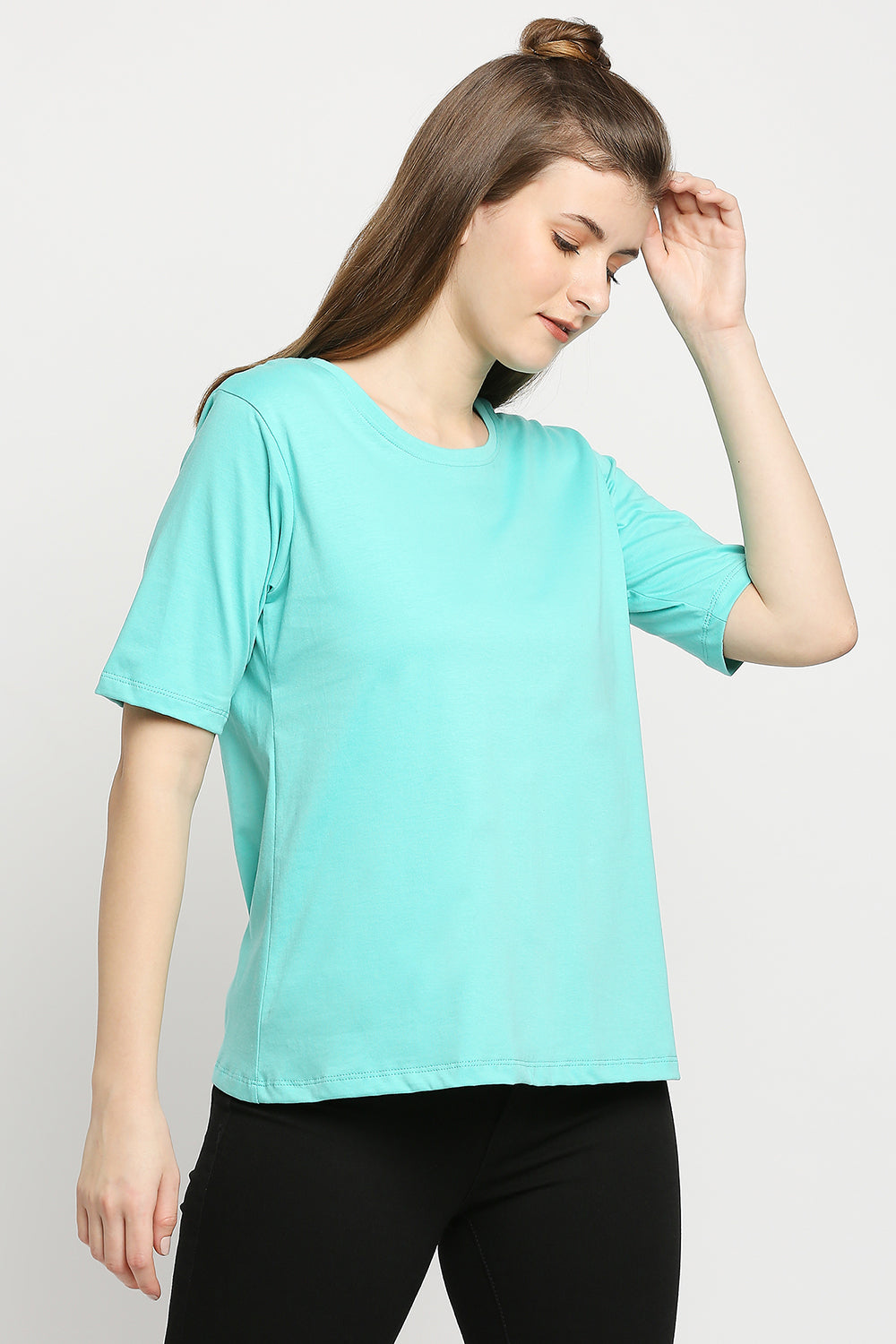 Autumn Hues Women Sea Green Solid Cotton T-shirt